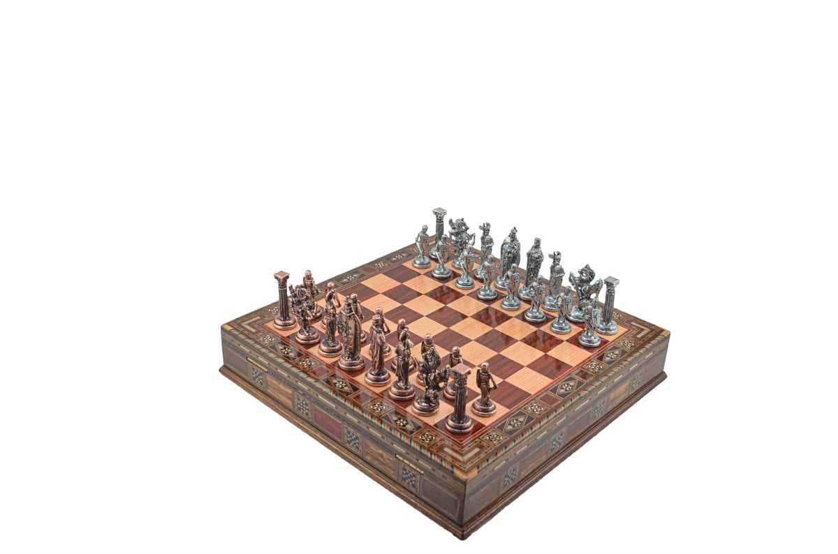 Gifthome Metal Satranç Takımı/Seti;Büyük,İngiliz,Antik,Gül,Sandıklı Masif Satranç Tahtası