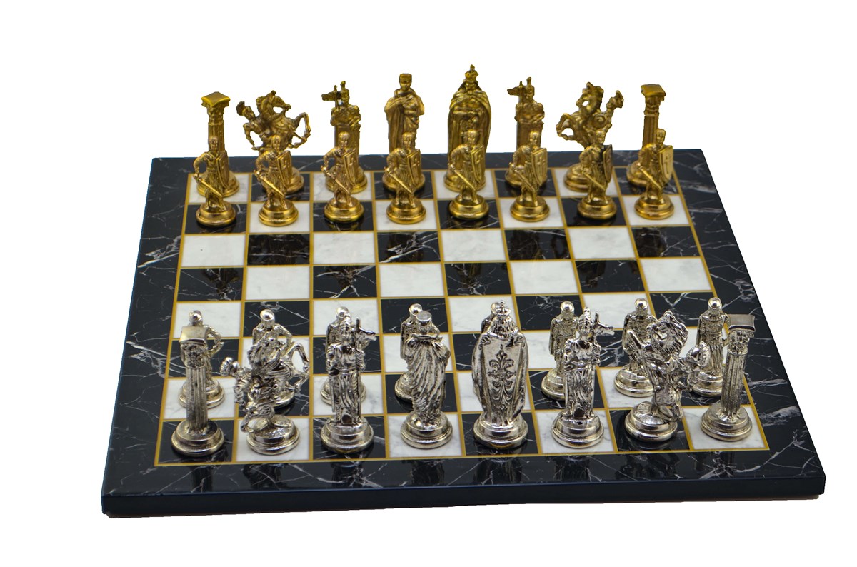 Gifthome Metal Satranç Takımı/Seti;Büyük,İngiliz,Parlak Taş ve Düz Mermer Desenli Satranç Tahtası