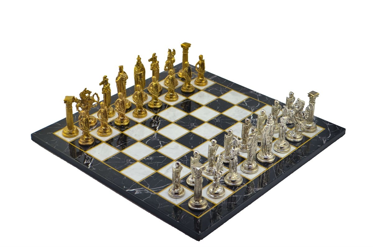 Gifthome Metal Satranç Takımı/Seti;Büyük,İngiliz,Parlak Taş ve Düz Mermer Desenli Satranç Tahtası