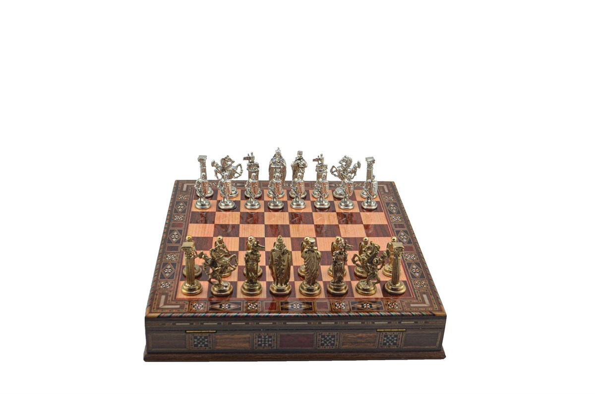 Gifthome Metal Satranç Takımı/Seti;Büyük,İngiliz,Parlak,Gül,Sandıklı Masif Ahşap Satranç Tahtası