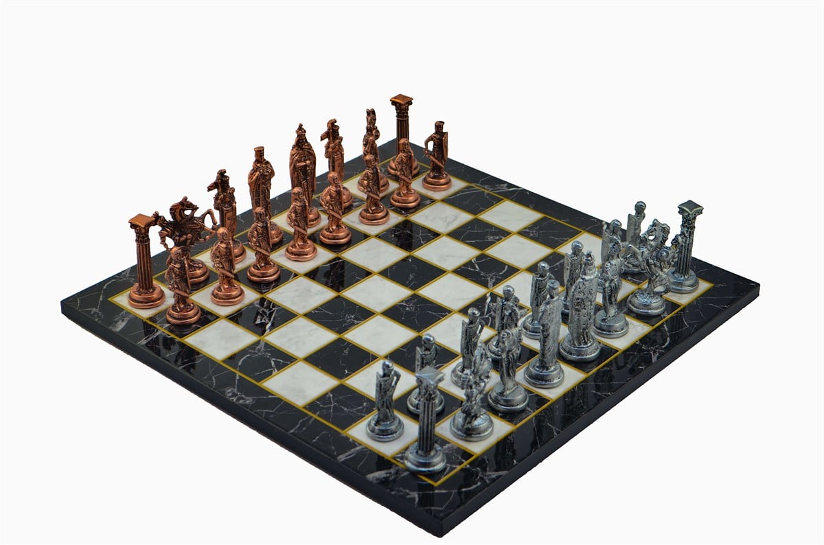 Gifthome Metal Satranç Takımı/Seti;Büyük,İngiliz,Antik Taş ve Düz Mermer Desenli Satranç Tahtası