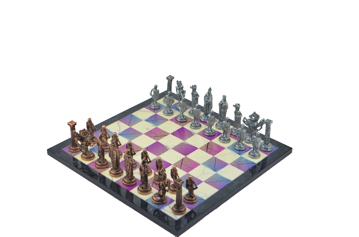 Gifthome Metal Satranç Takımı/Seti;Büyük,İngiliz,Antik Taş ve Bahar Desenli Satranç Tahtası