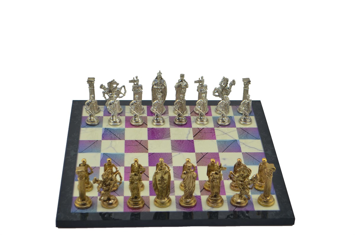 Gifthome Metal Satranç Takımı/Seti;Büyük,İngiliz,Parlak Taş ve Bahar Desenli Satranç Tahtası