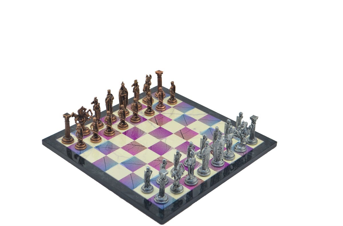 Gifthome Metal Satranç Takımı/Seti;Büyük,İngiliz,Antik Taş ve Bahar Desenli Satranç Tahtası