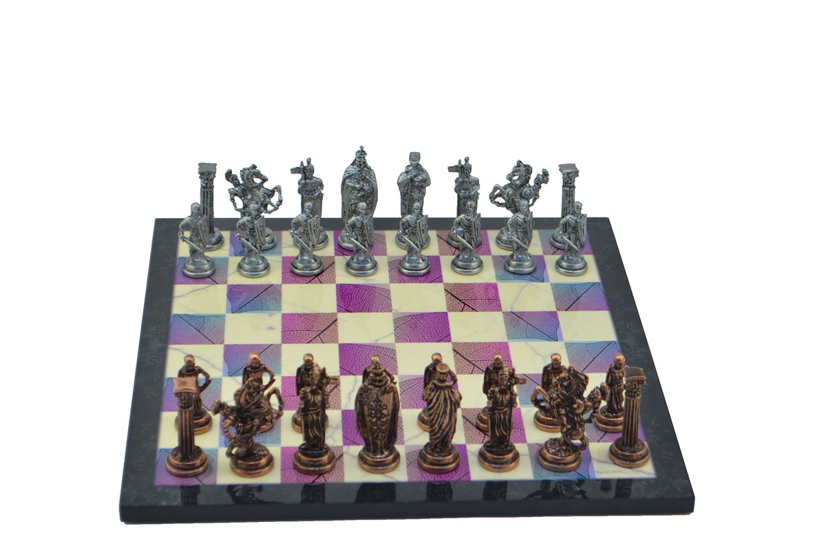 Gifthome Metal Satranç Takımı/Seti;Büyük,İngiliz,Antik Taş ve Bahar Desenli Satranç Tahtası