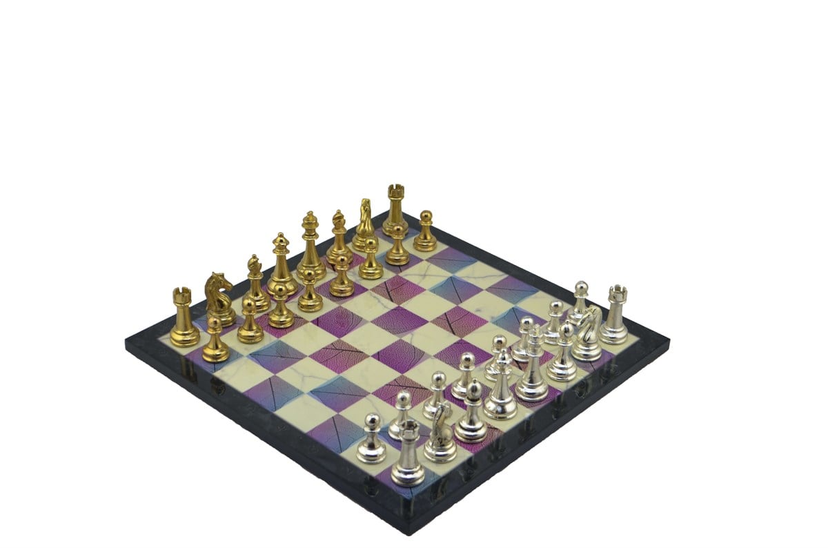 Gifthome Metal Satranç Takımı/Seti;Büyük,Klasik,Parlak Taş ve Bahar Desenli Satranç Tahtası
