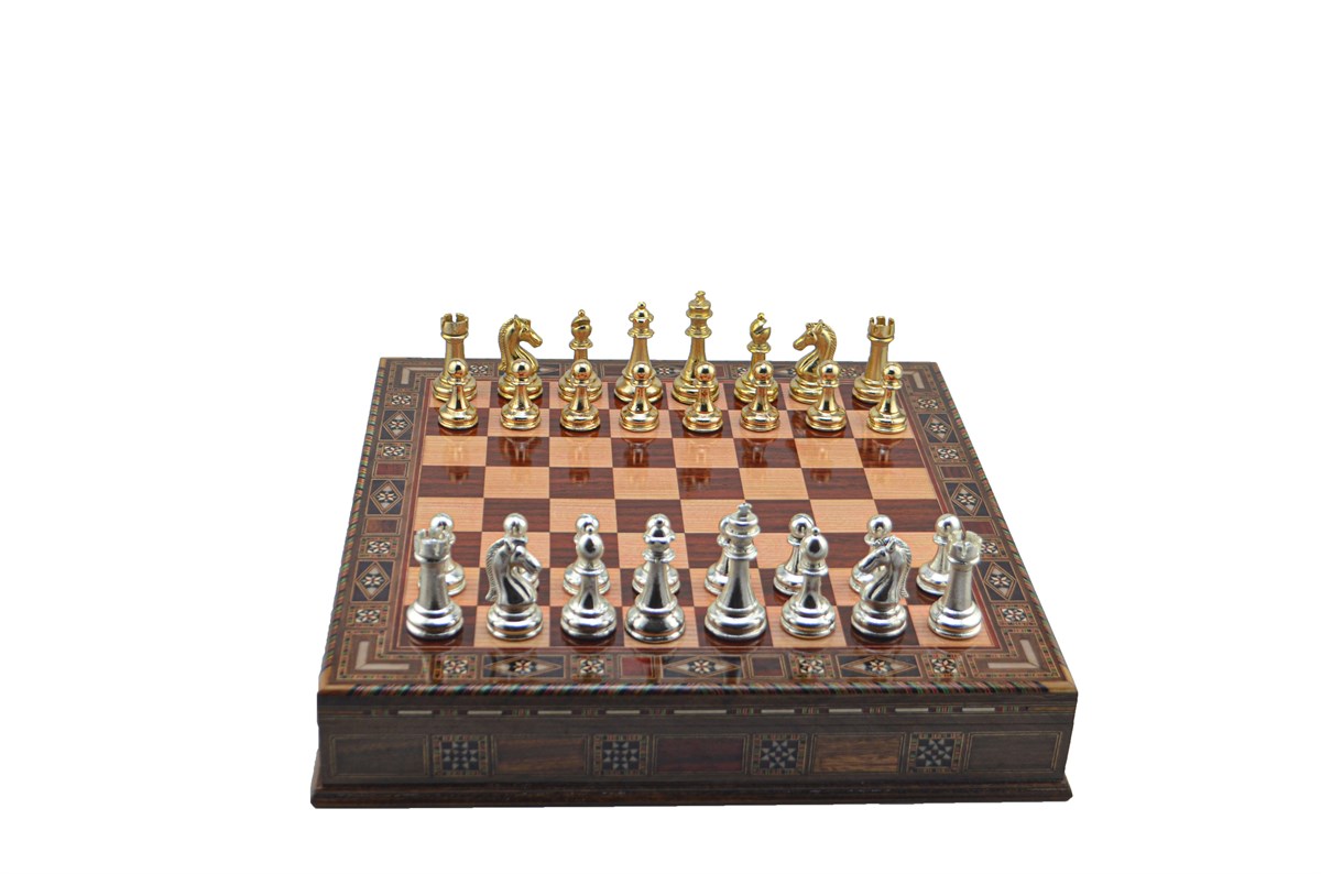 Gifthome Metal Satranç Takımı/Seti;Büyük,Klasik,Parlak,Gül,Sandıklı Masif Ahşap Satranç Tahtası