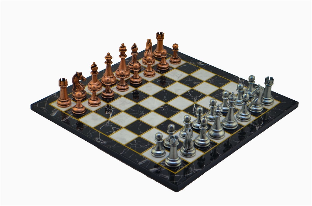 Gifthome Metal Satranç Takımı/Seti;Büyük,Klasik,Antik Taş ve Düz Mermer Desenli Satranç Tahtası