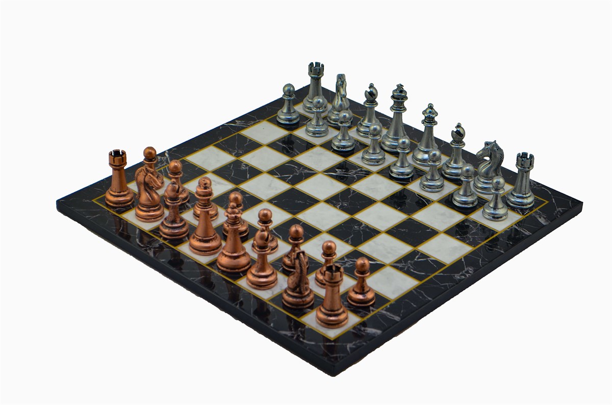 Gifthome Metal Satranç Takımı/Seti;Büyük,Klasik,Antik Taş ve Düz Mermer Desenli Satranç Tahtası