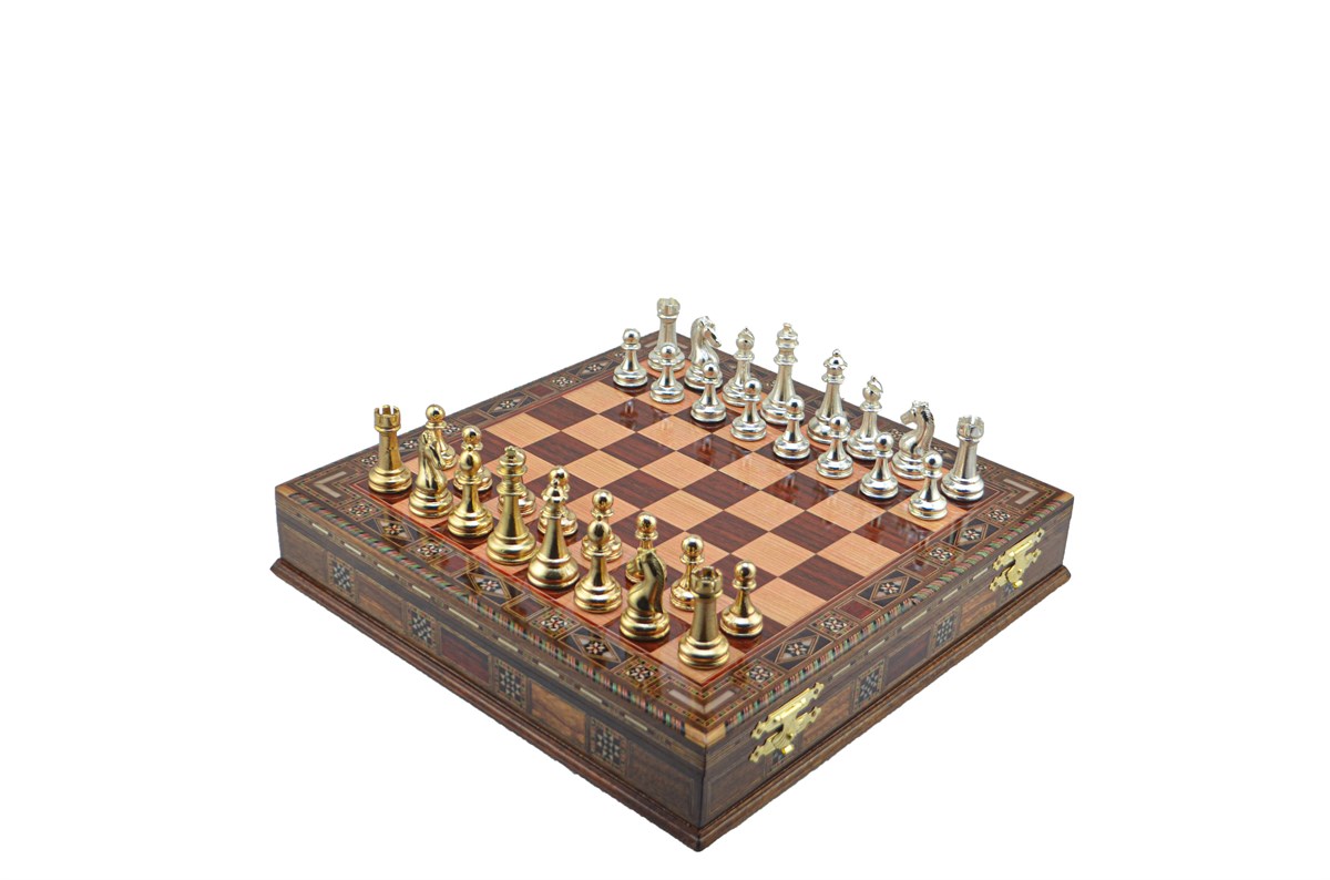 Gifthome Metal Satranç Takımı/Seti;Büyük,Klasik,Parlak,Gül,Sandıklı Masif Ahşap Satranç Tahtası