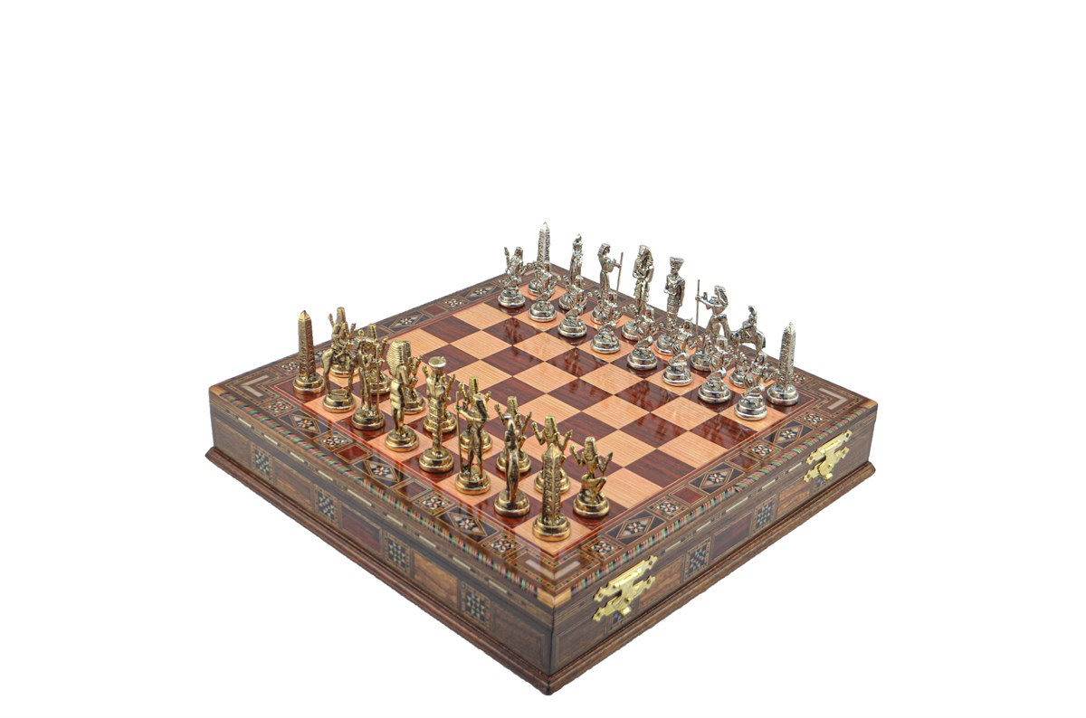 Gifthome Metal Satranç Takımı/Seti;Büyük,Mısır,Parlak,Gül,Sandıklı Masif Ahşap Satranç Tahtası