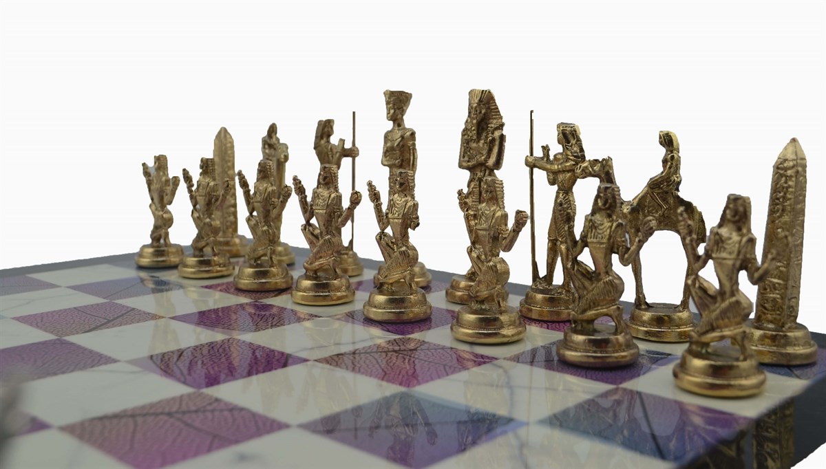 Gifthome Metal Satranç Takımı/Seti;Büyük,Mısır,Parlak Taş ve Bahar Desenli Satranç Tahtası