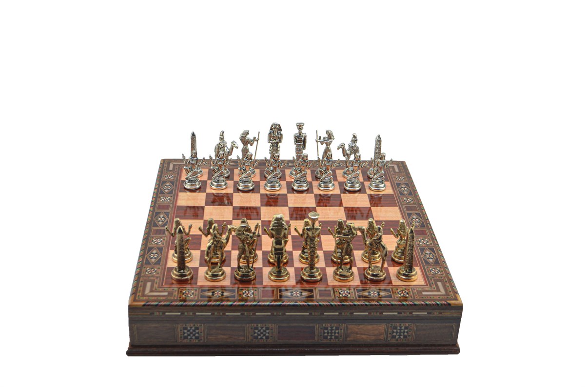 Gifthome Metal Satranç Takımı/Seti;Büyük,Mısır,Parlak,Gül,Sandıklı Masif Ahşap Satranç Tahtası