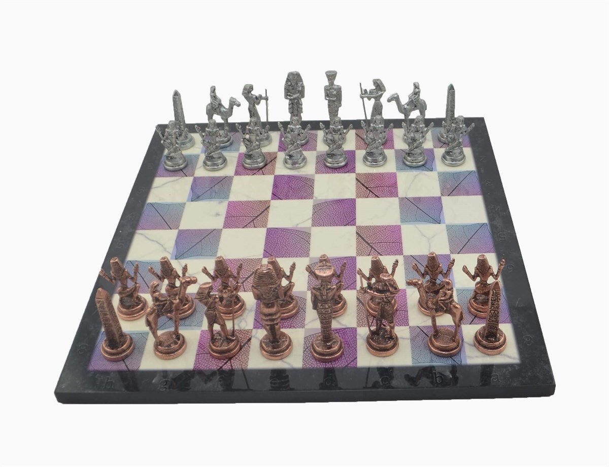 Gifthome Metal Satranç Takımı/Seti;Büyük,Mısır,Antik Taş ve Bahar Desenli Satranç Tahtası