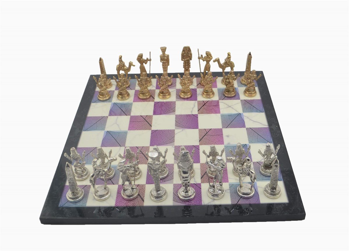 Gifthome Metal Satranç Takımı/Seti;Büyük,Mısır,Parlak Taş ve Bahar Desenli Satranç Tahtası
