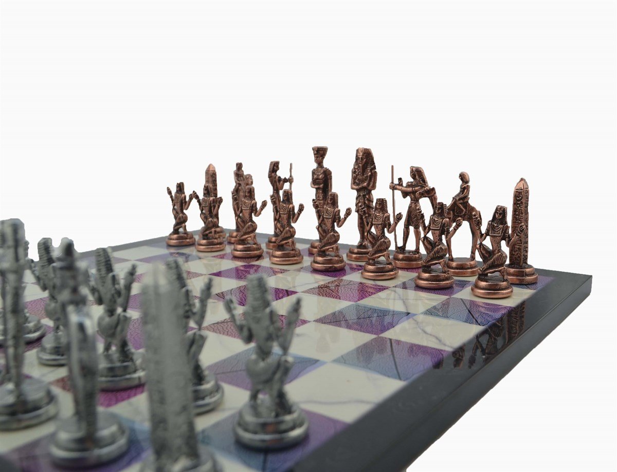 Gifthome Metal Satranç Takımı/Seti;Büyük,Mısır,Antik Taş ve Bahar Desenli Satranç Tahtası