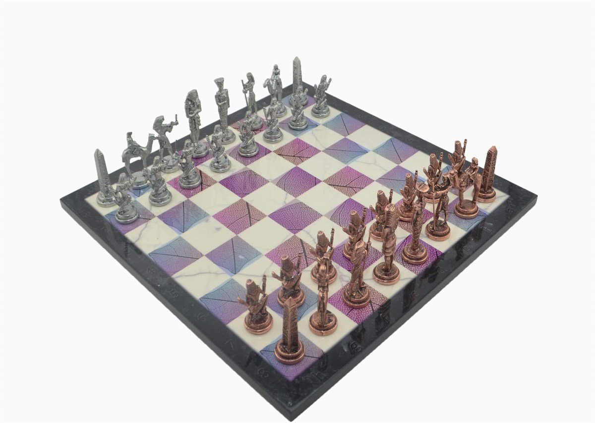 Gifthome Metal Satranç Takımı/Seti;Büyük,Mısır,Antik Taş ve Bahar Desenli Satranç Tahtası