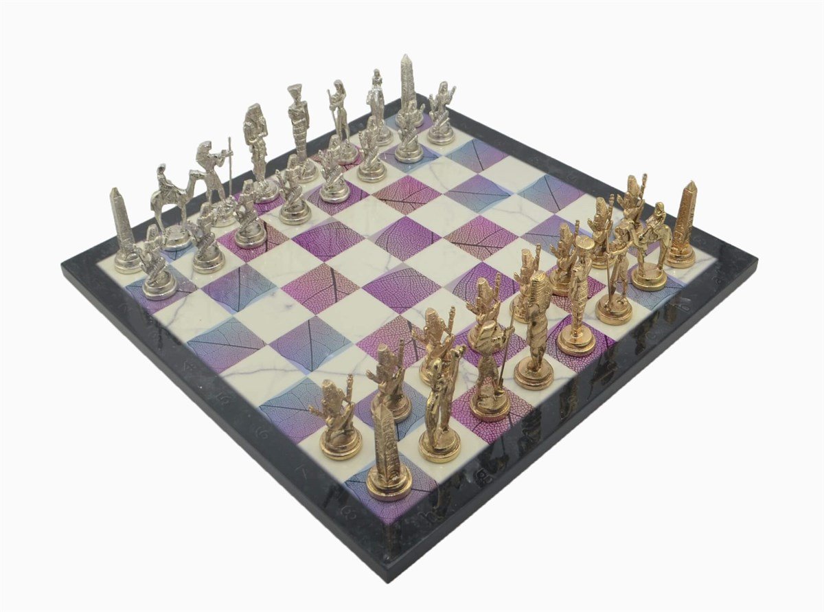 Gifthome Metal Satranç Takımı/Seti;Büyük,Mısır,Parlak Taş ve Bahar Desenli Satranç Tahtası