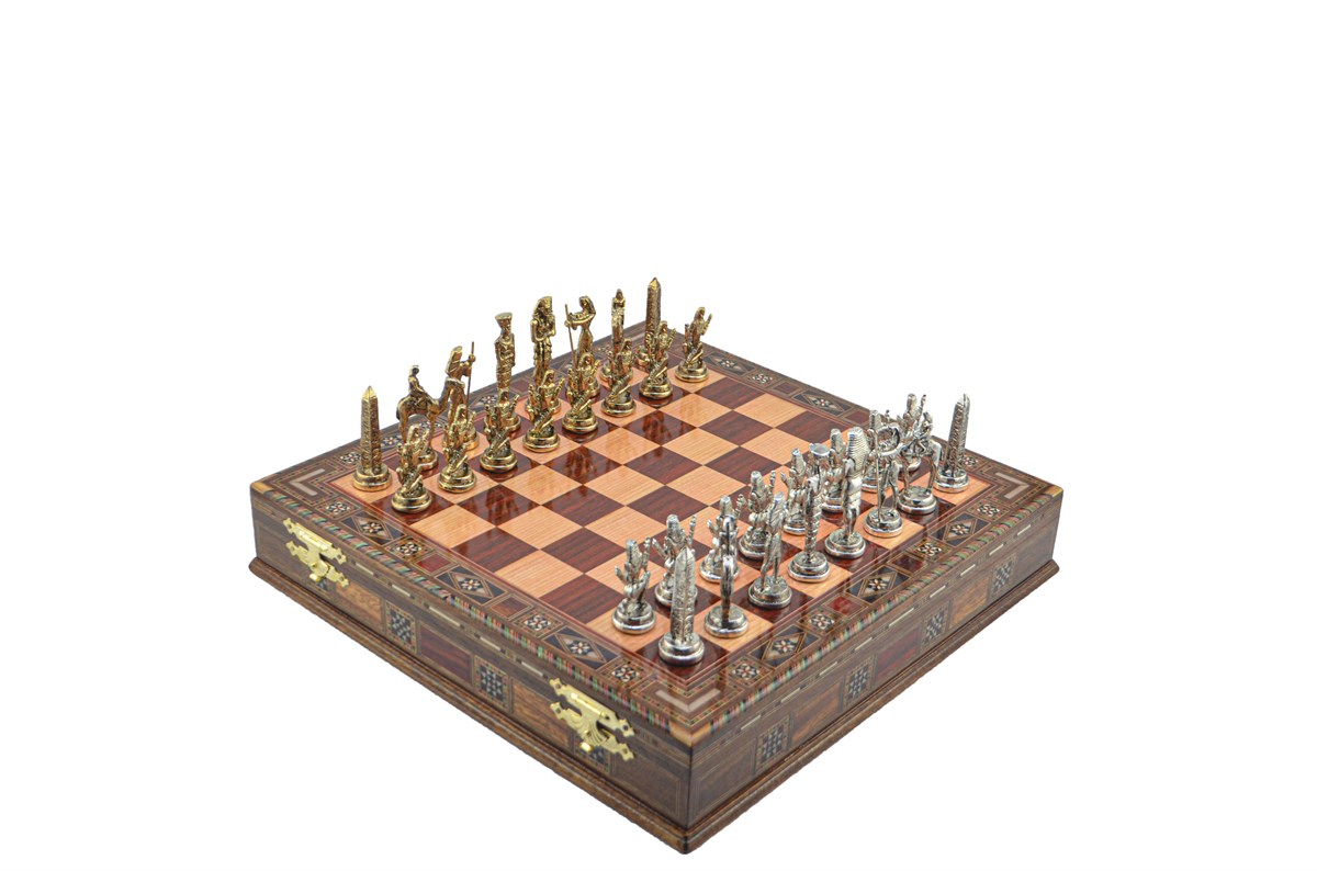 Gifthome Metal Satranç Takımı/Seti;Büyük,Mısır,Parlak,Gül,Sandıklı Masif Ahşap Satranç Tahtası
