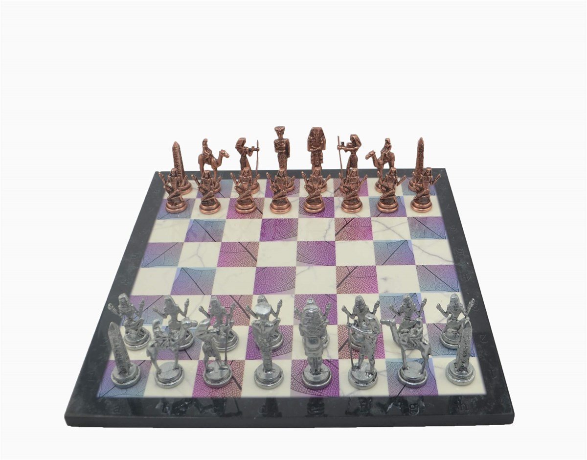 Gifthome Metal Satranç Takımı/Seti;Büyük,Mısır,Antik Taş ve Bahar Desenli Satranç Tahtası