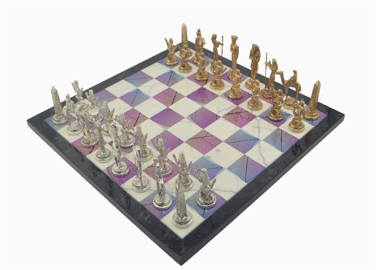 Gifthome Metal Satranç Takımı/Seti;Büyük,Mısır,Parlak Taş ve Bahar Desenli Satranç Tahtası