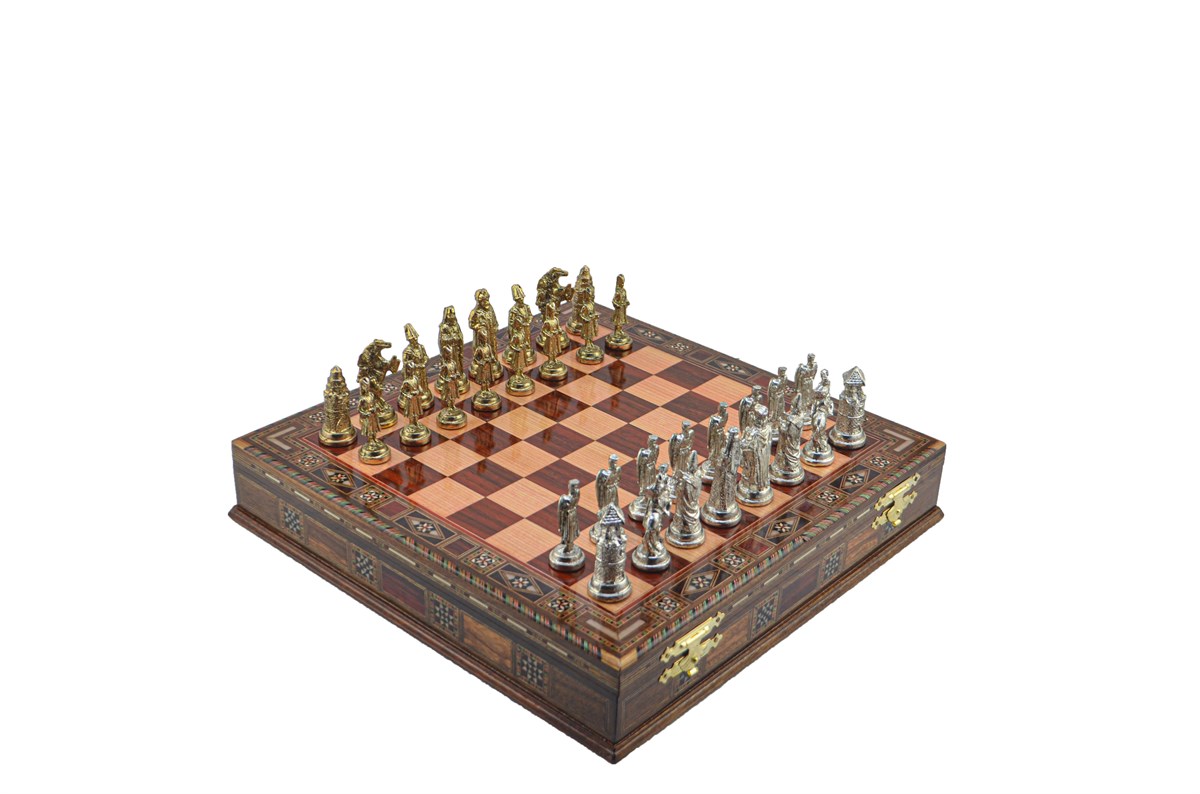Gifthome Metal Satranç Takımı/Seti;Büyük,Osmanlı&Bizans,Parlak,Gül,Sandıklı Masif Satranç Tahtası