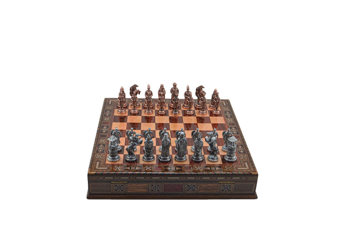 Gifthome Metal Satranç Takımı/Seti;Büyük,Osmanlı&Bizans,Antik,Gül,Sandıklı Masif Satranç Tahtası