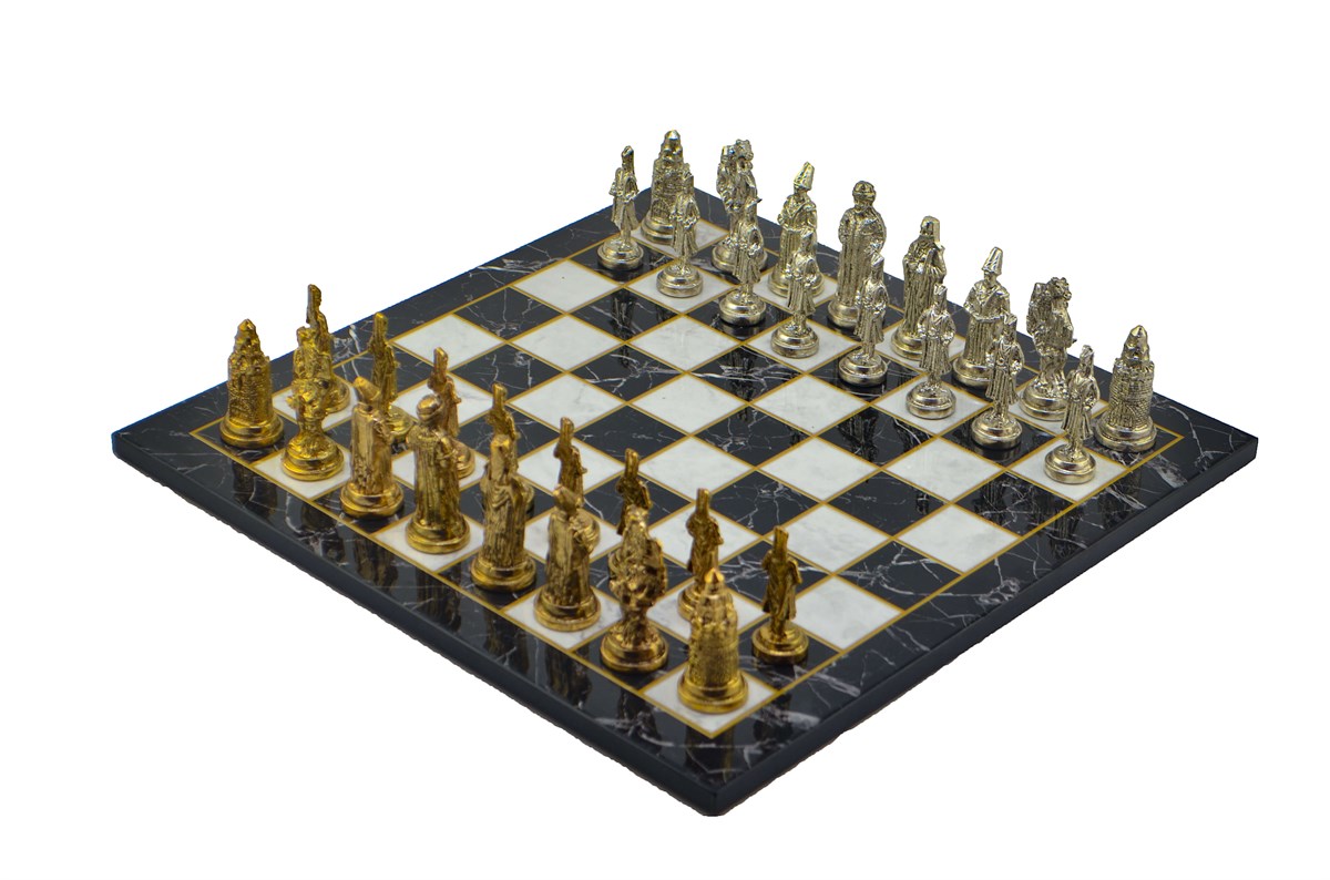 Gifthome Metal Satranç Takımı/Seti;Büyük,Osmanlı,Parlak Taş ve Düz Mermer Desenli Satranç Tahtası