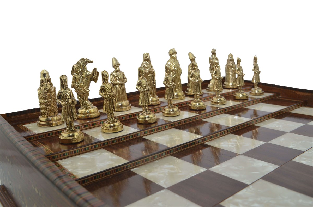 Gifthome Metal Satranç Takımı/Seti;Büyük,Osmanlı&Bizans,Parlak,3D Arena Çekmeceli Satranç Tahtası