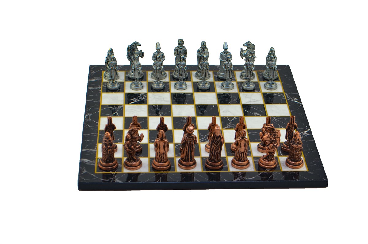 Gifthome Metal Satranç Takımı/Seti;Büyük,Osmanlı,Antik Taş ve Düz Mermer Desenli Satranç Tahtası