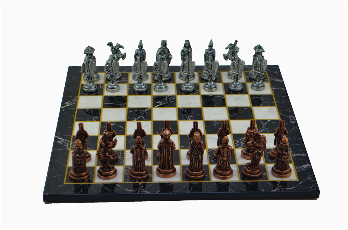 Gifthome Metal Satranç Takımı/Seti;Büyük,Osmanlı&Bizans,Antik,Düz Mermer Desenli Satranç Tahtası