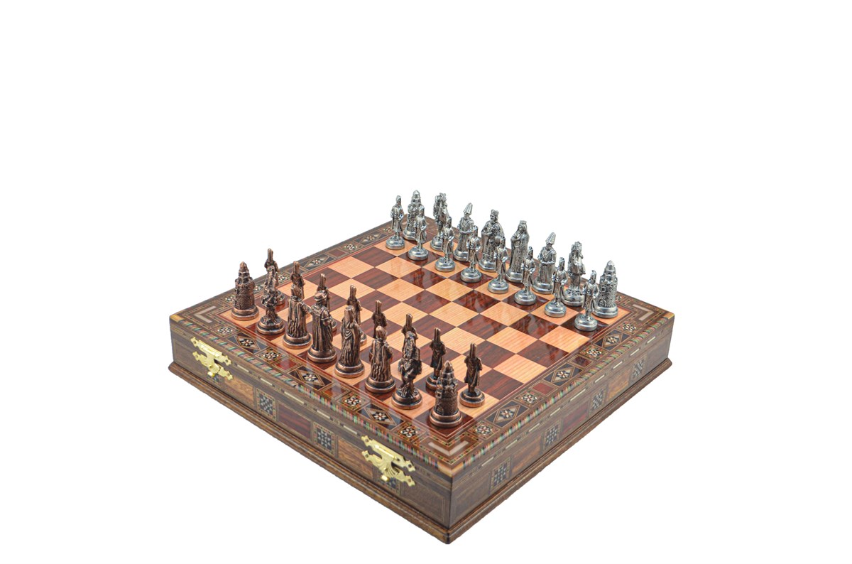 Gifthome Metal Satranç Takımı/Seti;Büyük,Osmanlı,Antik,Gül,Sandıklı Masif Ahşap Satranç Tahtası