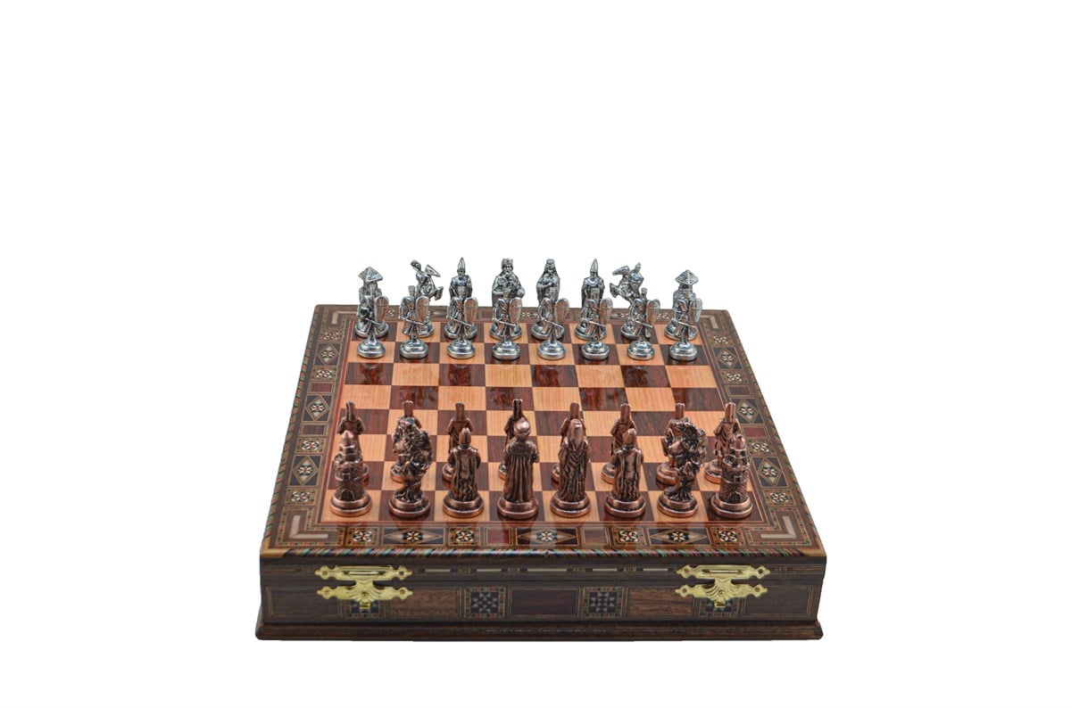 Gifthome Metal Satranç Takımı/Seti;Büyük,Osmanlı&Bizans,Antik,Gül,Sandıklı Masif Satranç Tahtası