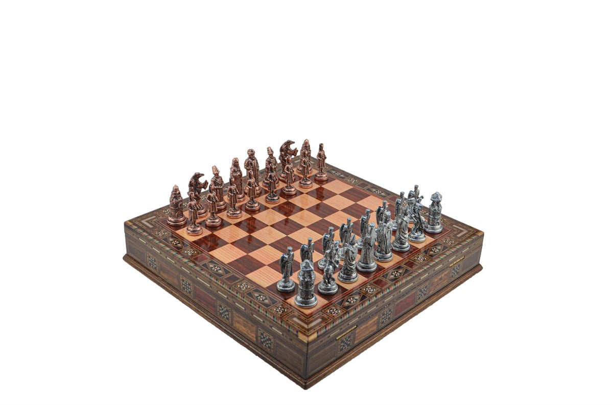 Gifthome Metal Satranç Takımı/Seti;Büyük,Osmanlı&Bizans,Antik,Gül,Sandıklı Masif Satranç Tahtası