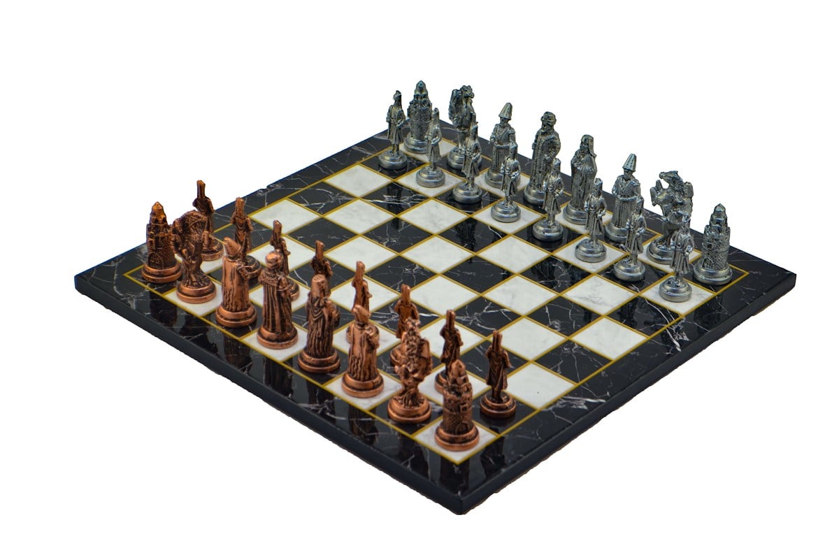 Gifthome Metal Satranç Takımı/Seti;Büyük,Osmanlı,Antik Taş ve Düz Mermer Desenli Satranç Tahtası