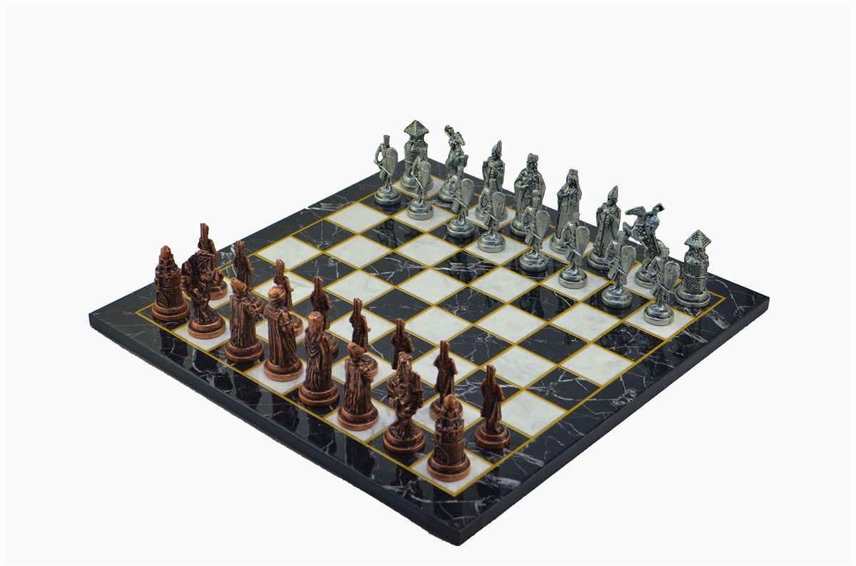 Gifthome Metal Satranç Takımı/Seti;Büyük,Osmanlı&Bizans,Antik,Düz Mermer Desenli Satranç Tahtası