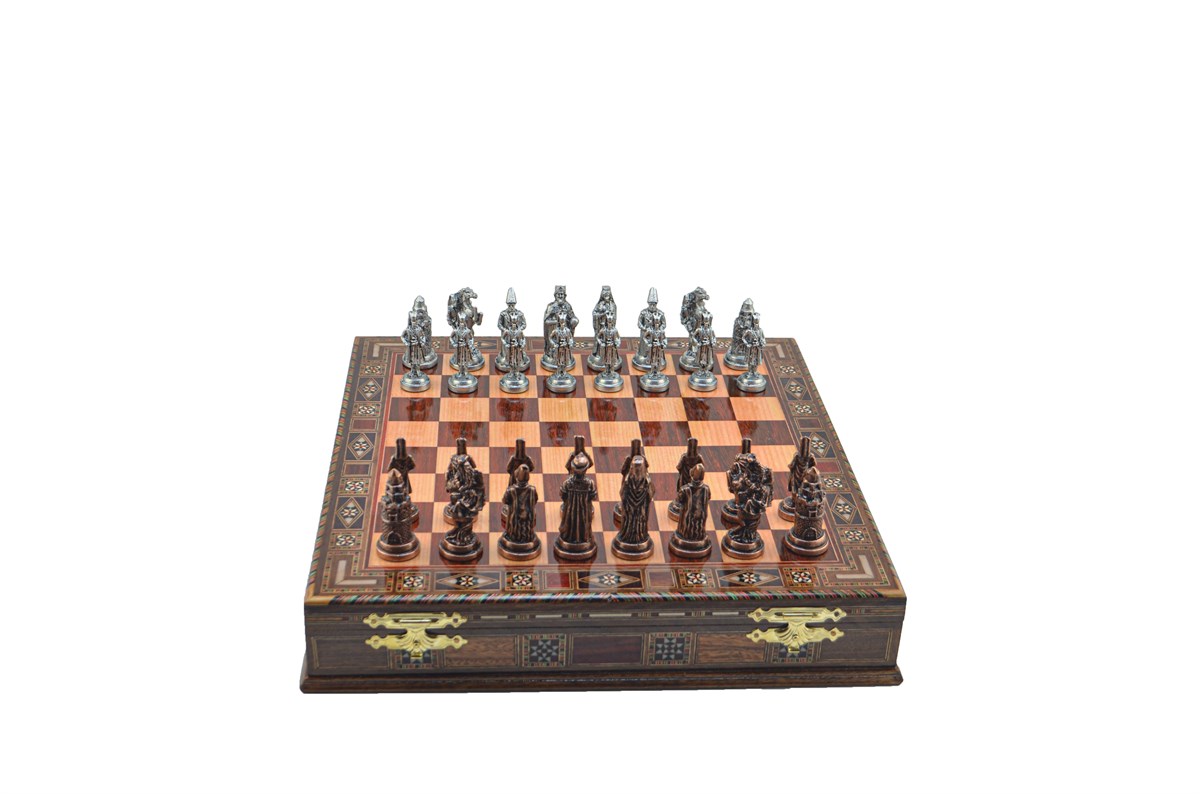 Gifthome Metal Satranç Takımı/Seti;Büyük,Osmanlı,Antik,Gül,Sandıklı Masif Ahşap Satranç Tahtası