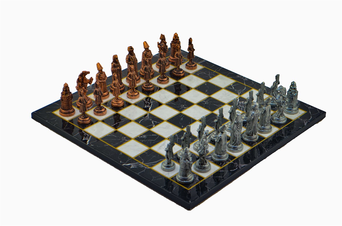 Gifthome Metal Satranç Takımı/Seti;Büyük,Osmanlı,Antik Taş ve Düz Mermer Desenli Satranç Tahtası