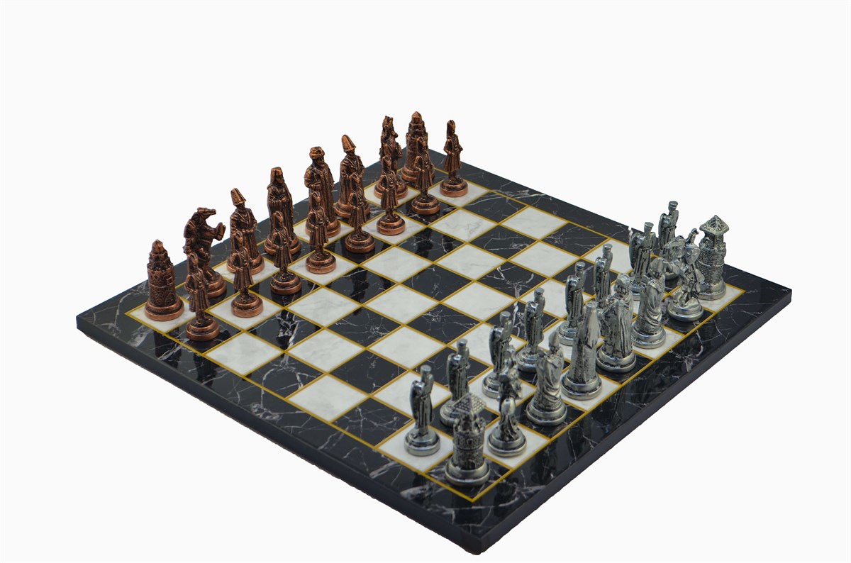 Gifthome Metal Satranç Takımı/Seti;Büyük,Osmanlı&Bizans,Antik,Düz Mermer Desenli Satranç Tahtası