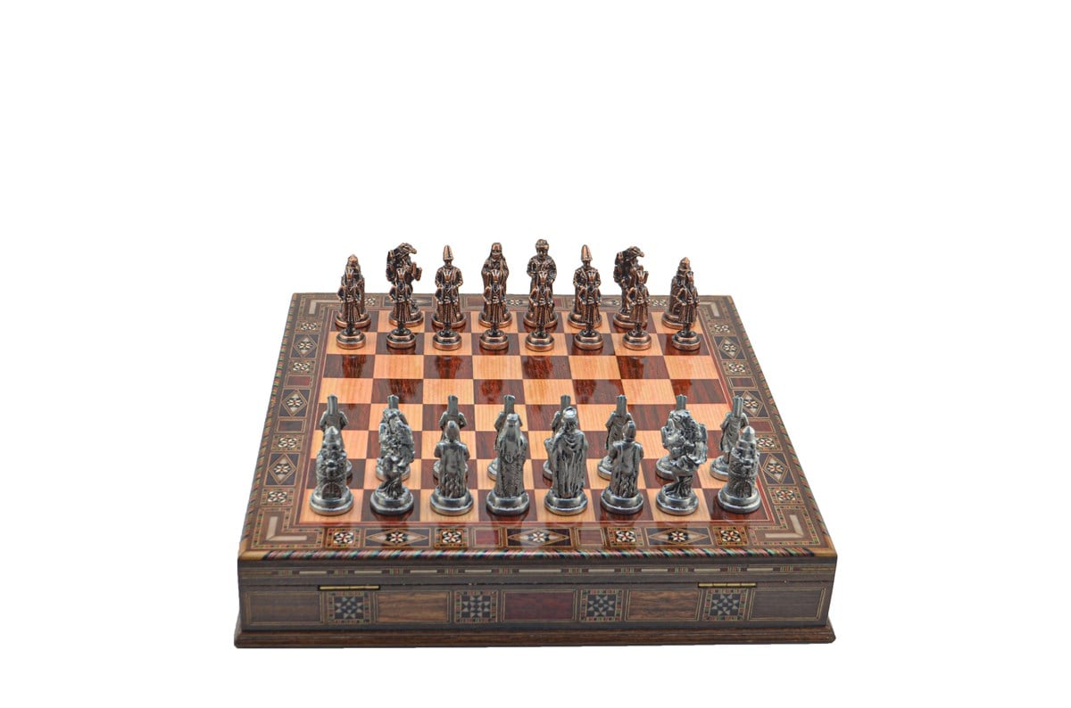 Gifthome Metal Satranç Takımı/Seti;Büyük,Osmanlı,Antik,Gül,Sandıklı Masif Ahşap Satranç Tahtası