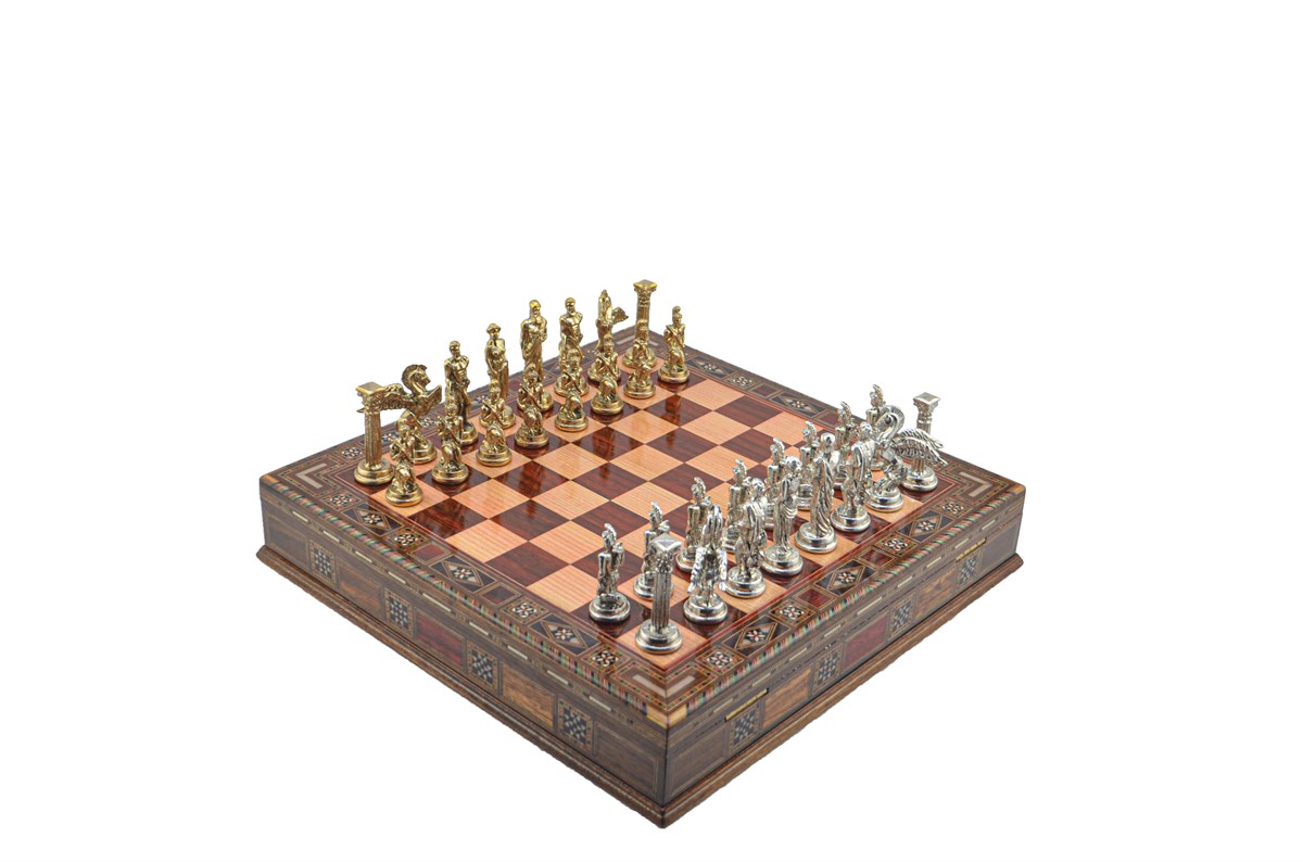 Gifthome Metal Satranç Takımı/Seti;Büyük,Pegasus,Parlak,Gül,Sandıklı Masif Ahşap Satranç Tahtası