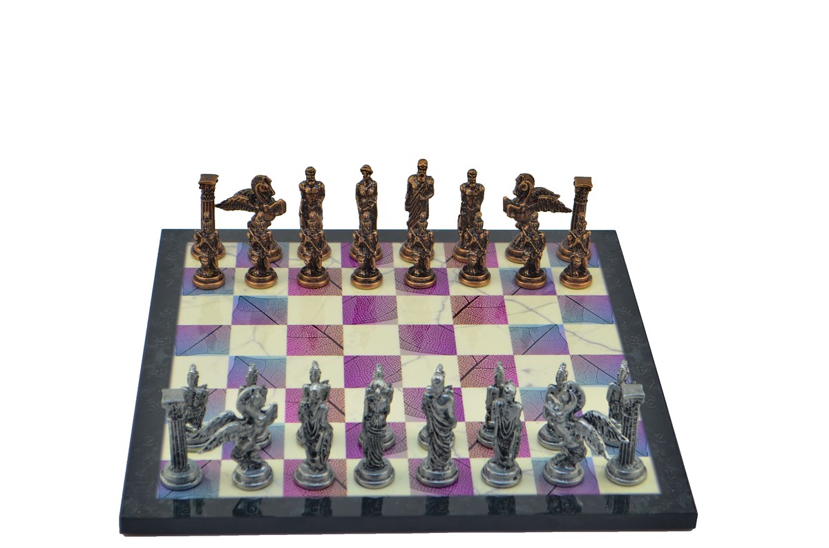 Gifthome Metal Satranç Takımı/Seti;Büyük,Pegasus,Antik Taş ve Bahar Desenli Satranç Tahtası