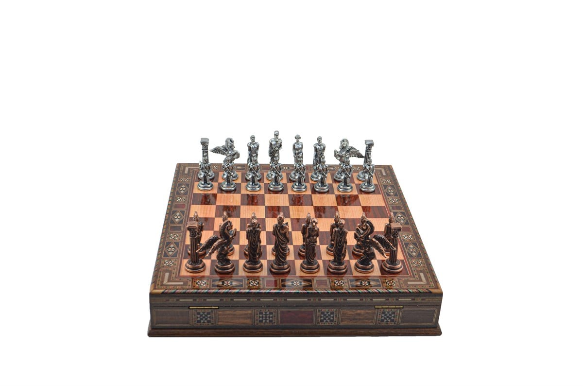 Gifthome Metal Satranç Takımı/Seti;Büyük,Pegasus,Antik,Gül,Sandıklı Masif Ahşap Satranç Tahtası