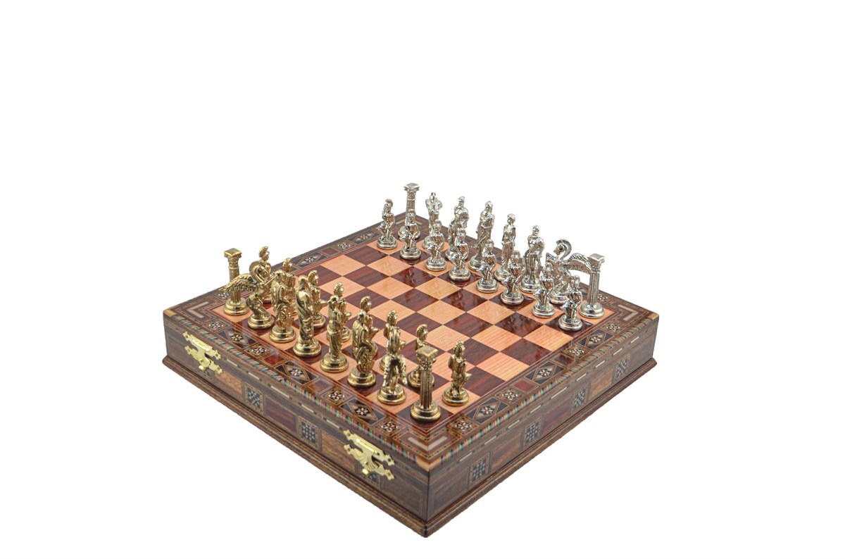 Gifthome Metal Satranç Takımı/Seti;Büyük,Pegasus,Parlak,Gül,Sandıklı Masif Ahşap Satranç Tahtası