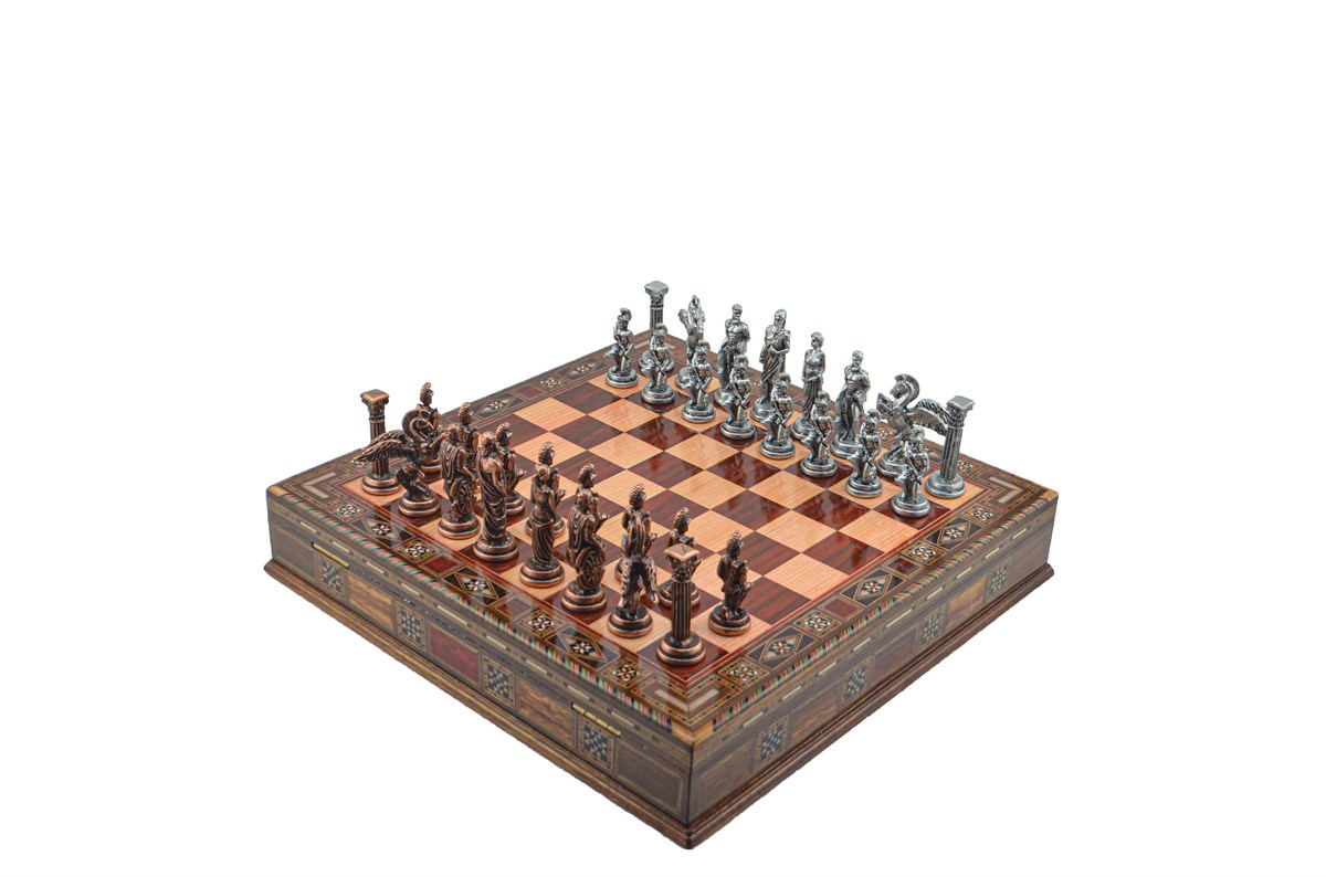 Gifthome Metal Satranç Takımı/Seti;Büyük,Pegasus,Antik,Gül,Sandıklı Masif Ahşap Satranç Tahtası