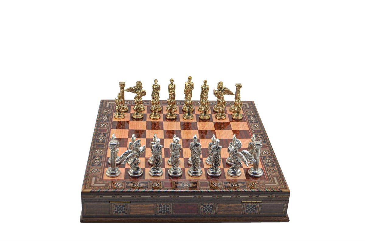 Gifthome Metal Satranç Takımı/Seti;Büyük,Pegasus,Parlak,Gül,Sandıklı Masif Ahşap Satranç Tahtası