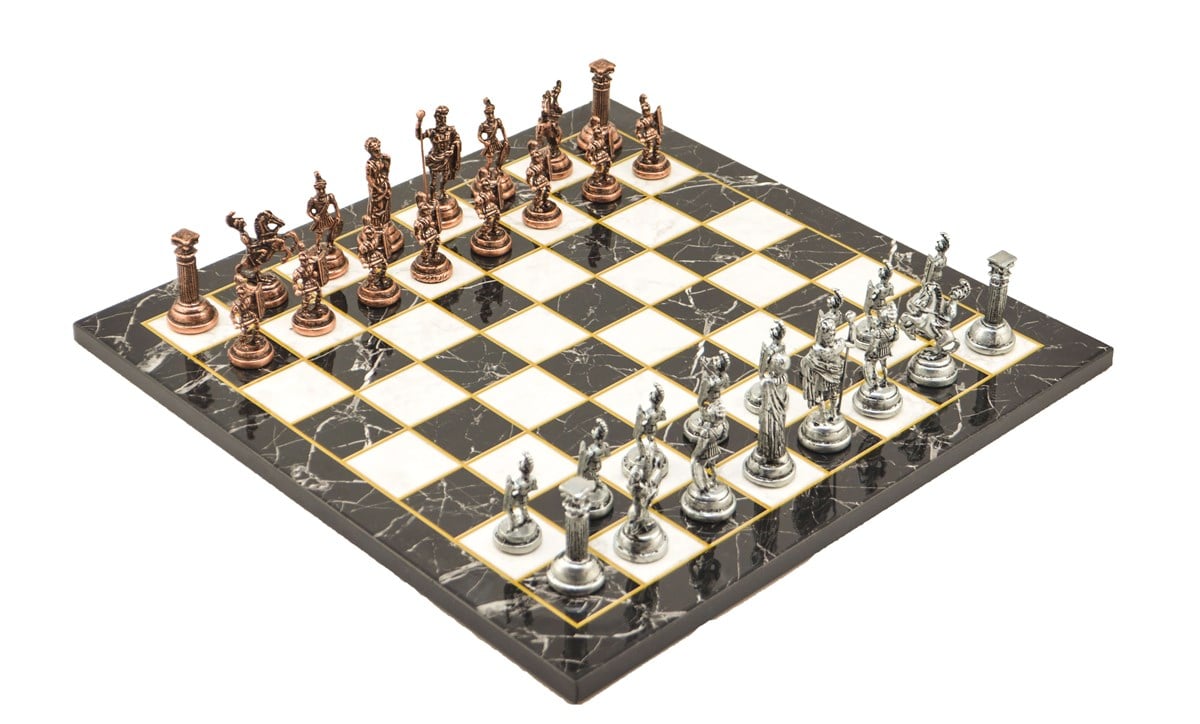 Gifthome Metal Satranç Takımı/Seti;Orta, Roma ,Antik Taş ve Düz Mermer Desenli Satranç Tahtası