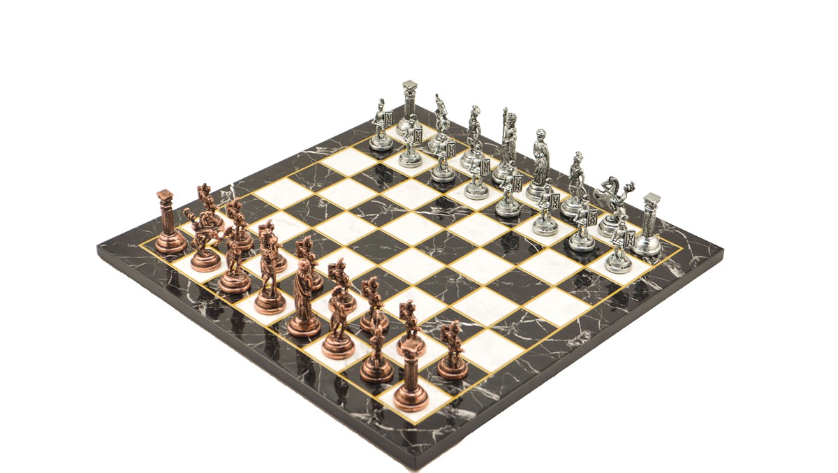 Gifthome Metal Satranç Takımı/Seti;Orta, Roma ,Antik Taş ve Düz Mermer Desenli Satranç Tahtası