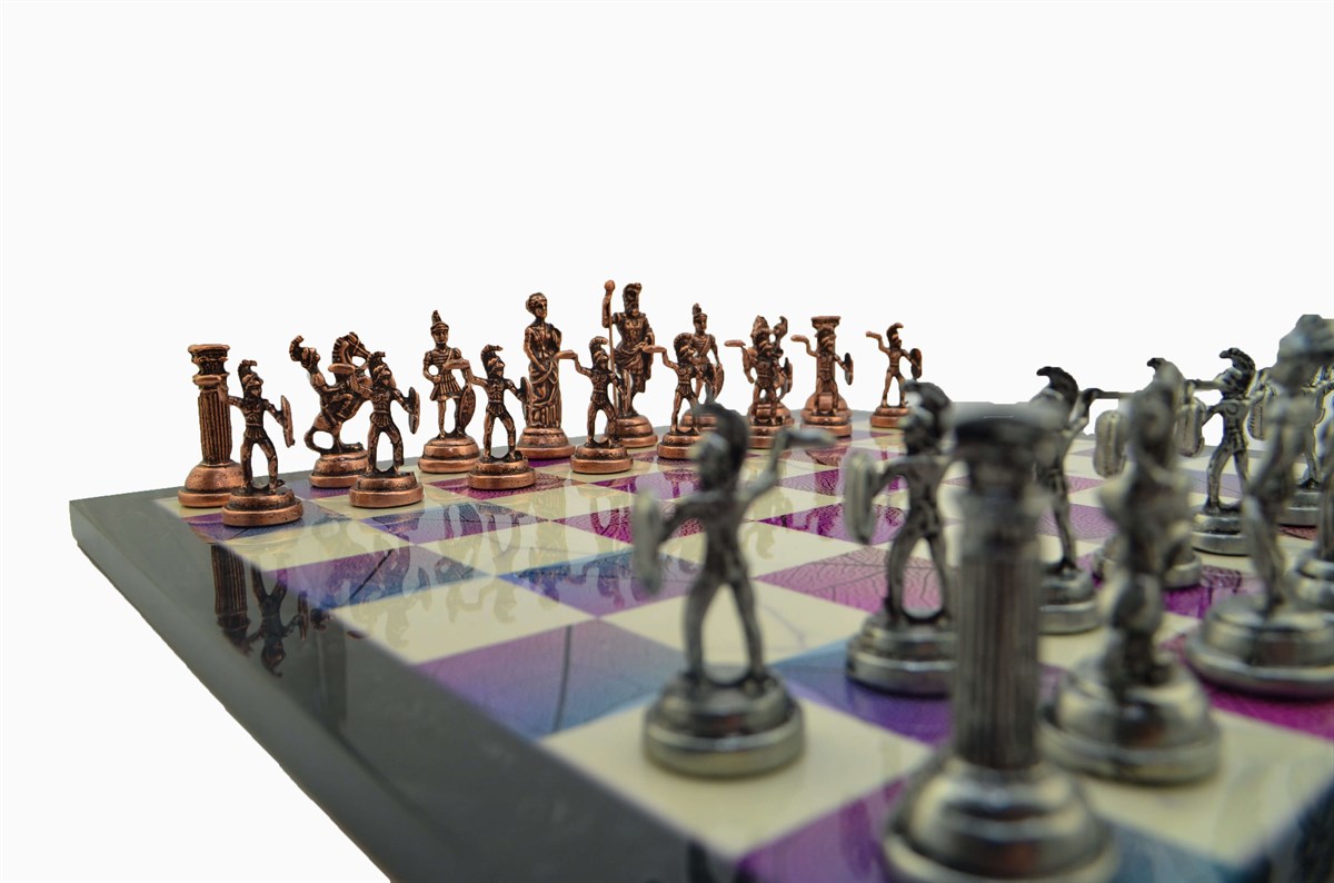 Gifthome Metal Satranç Takımı/Seti;Orta, Roma Figürlü Antik Taş ve Bahar Desenli Satranç Tahtası