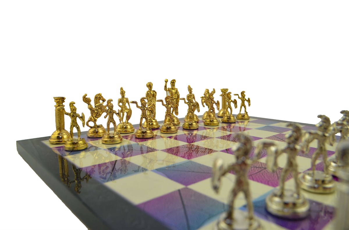 Gifthome Metal Satranç Takımı/Seti;Orta, Roma Figürlü Parlak Taş ve Bahar Desenli Satranç Tahtası
